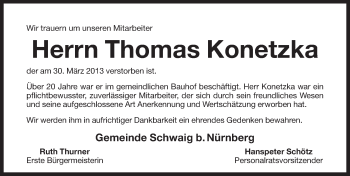 Traueranzeige von Thomas Konetzka von Pegnitz-Zeitung